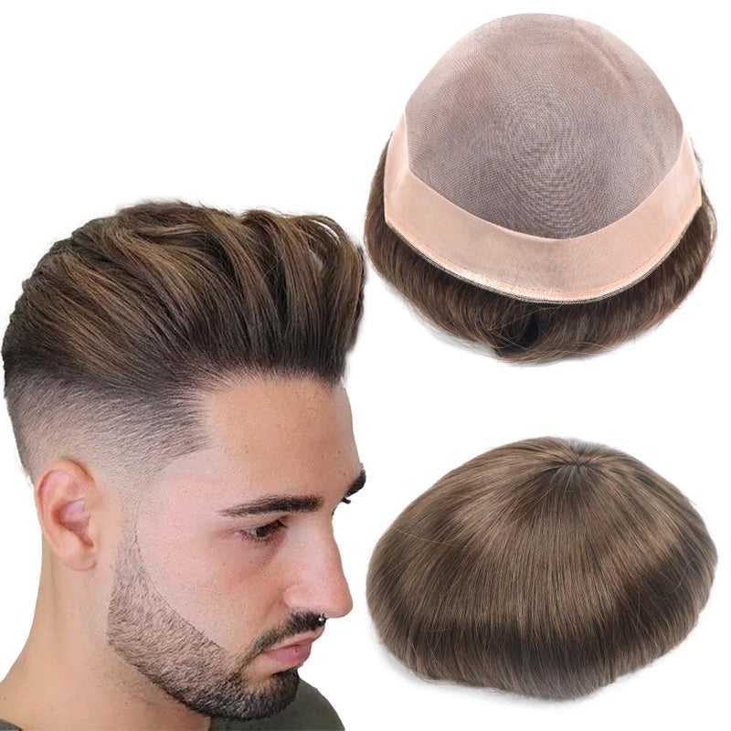 lumeng Mens Piece Replacement Unit Real Mono Lace Brown Color 4# Toupee Human Hair 7x9 Inch 6 Inch Length System Human Hair Toupee for Men Durable Base For Thinning European Hair Units Patch - Image 1